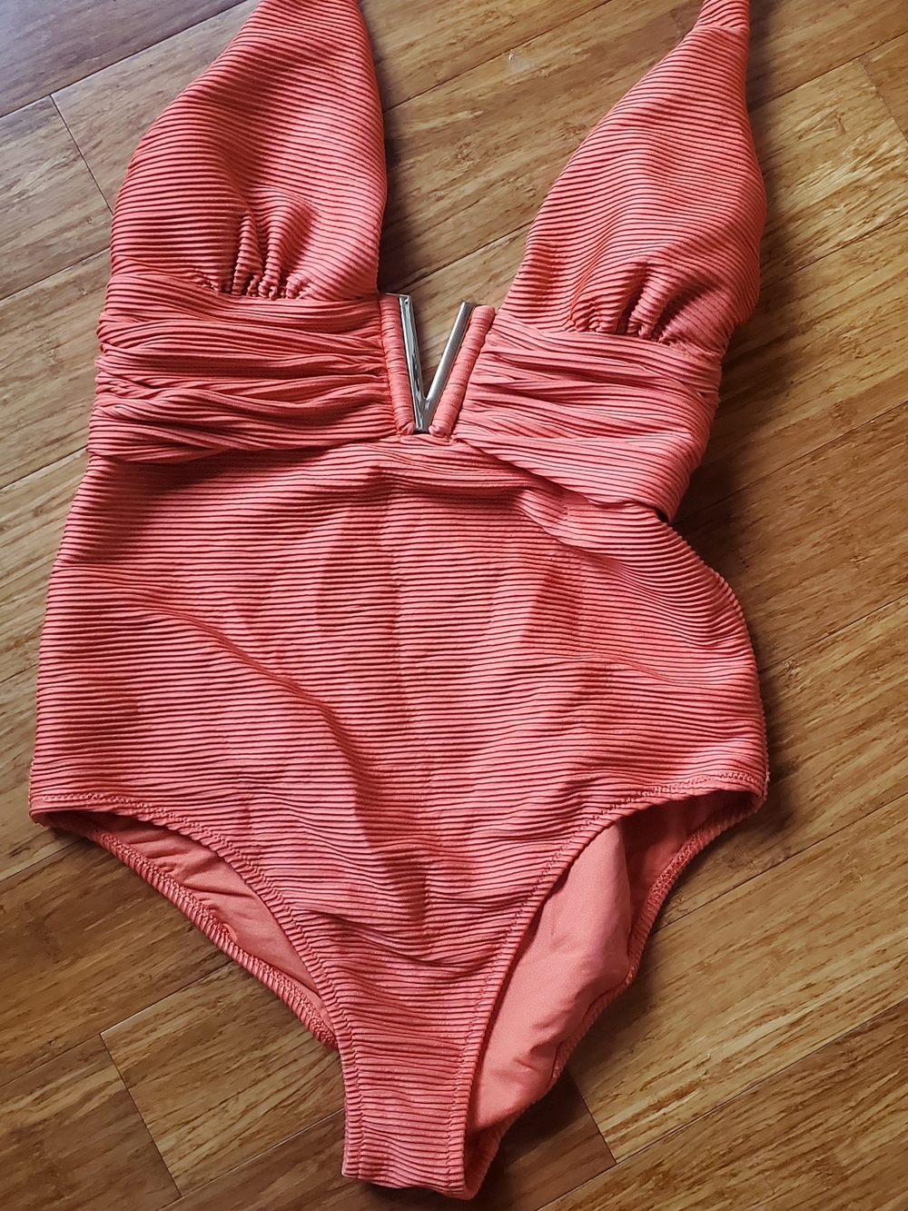 Heidi Klein Coral Textured Orange Large One-Piece with Deep V